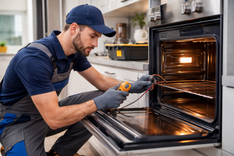 Professional oven repair service fixing heating issue in residential kitchen