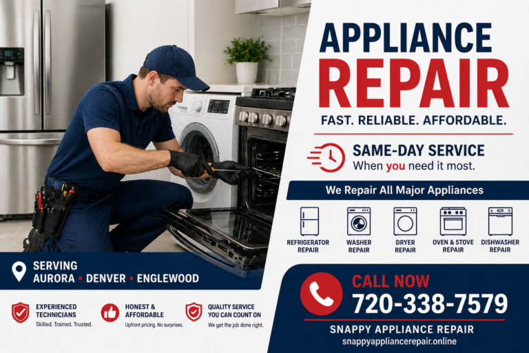 rofessional appliance repair technician fixing an oven in a modern kitchen with refrigerator, washer, and repair service branding.