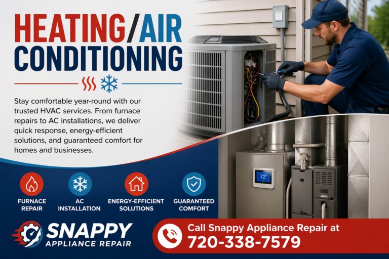 Heating and air conditioning service advertisement showing HVAC technician repairing outdoor AC unit, indoor furnace system, and Snappy Appliance Repair phone number 720-338-7579 for same-day HVAC service