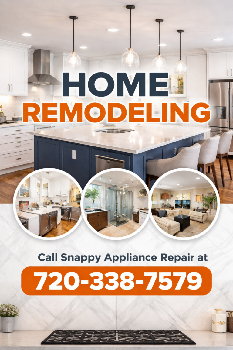 Modern home remodeling design featuring a renovated luxury kitchen, updated bathroom, stylish living room, and Snappy Appliance Repair contact number 720-338-7579 for professional home remodeling services.