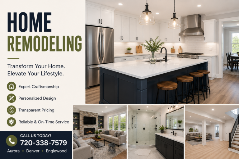 Modern home remodeling services in Aurora, Denver, and Englewood featuring renovated kitchen, bathroom, living room, and basement by Snappy Appliance Repair.